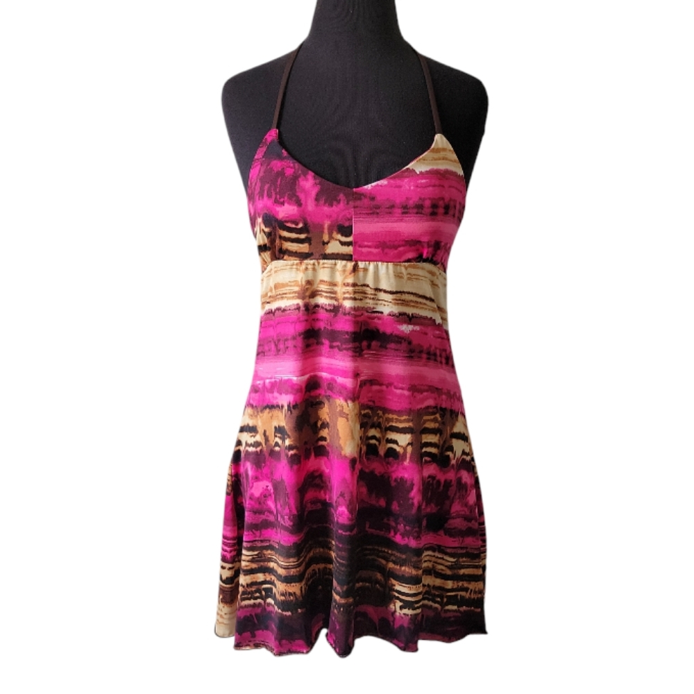 Colada halter mini dress open back v neck pink brown tie dye slip dress size M
